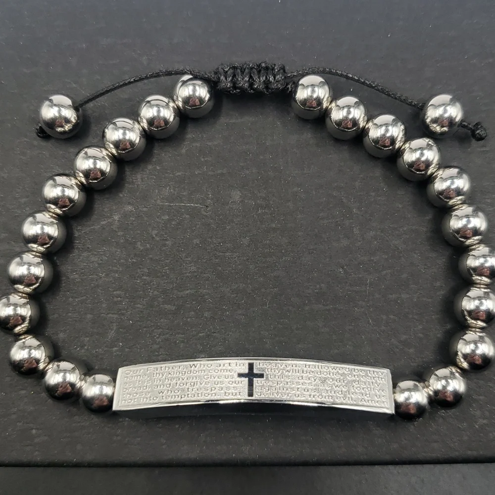 Men's Stainless Steel Adjustable Beaded with Lord's Prayer Bracelet